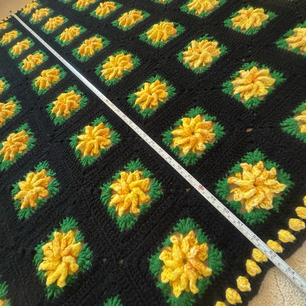Vtg Handmade Crochet Afghan 3D Flowers Throw Lap Blanket 68” X 53” Yellow/black